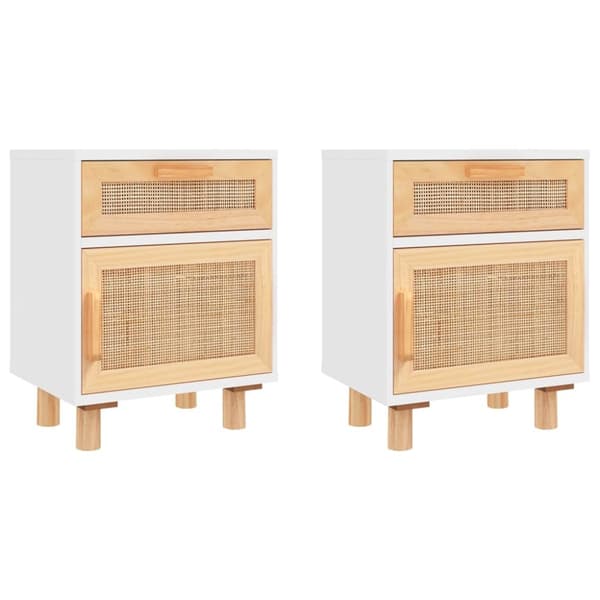 The Living Store sengeborde 2 stk. massivt fyrretræ og naturlig rattan hvid - Natborde