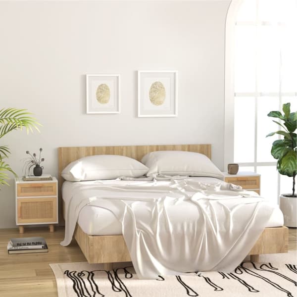 The Living Store sengeborde 2 stk. massivt fyrretræ og naturlig rattan hvid - Natborde
