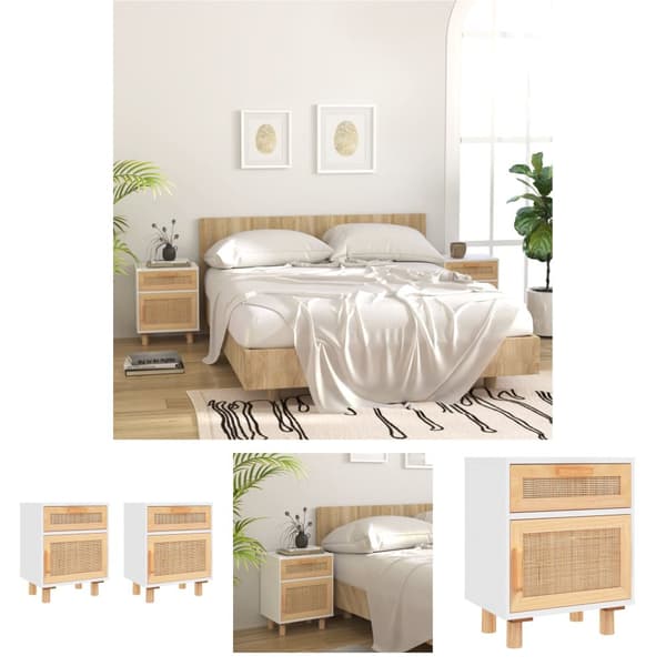 The Living Store sengeborde 2 stk. massivt fyrretræ og naturlig rattan hvid - Natborde