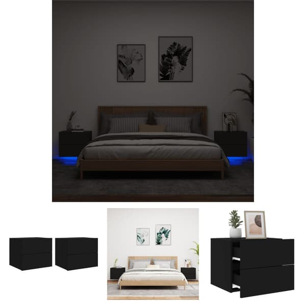 The Living Store væghængte sengeborde 2 stk. med LED-lys sort - Natborde