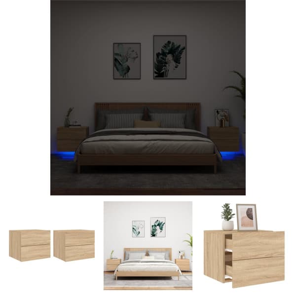 The Living Store Väggmonterade sängbord med LED-lampor 2 st sonoma-ek -  Nattduksbord
