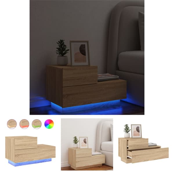 The Living Store Sängbord med LED-belysning sonoma-ek 70x36x40,5 cm -  Nattduksbord