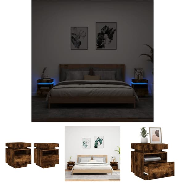 The Living Store Sängbord med LED-belysning 2 st rökfärgad ek 40x39x48,5 cm - Nattduksbord