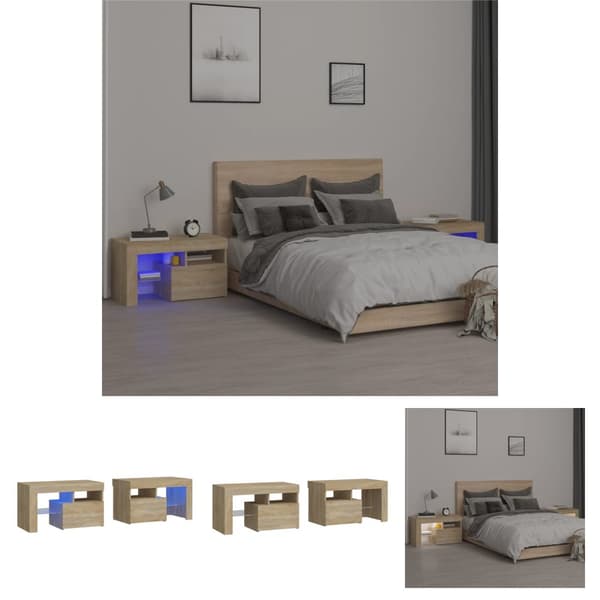 The Living Store sengeborde 2 stk. med LED-lys 70x36,5x40 cm sonoma-eg -  Natborde
