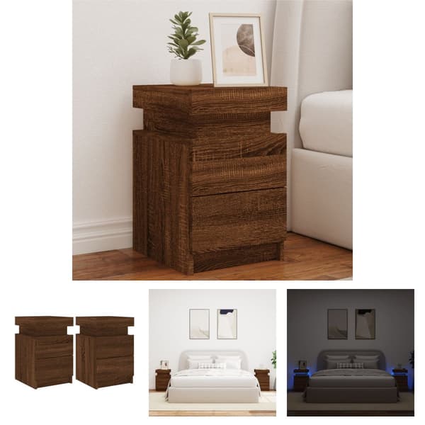 The Living Store Sängbord med LED-lampor 2 st brun ek 35x39x55 cm -  Nattduksbord