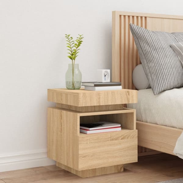 The Living Store Yöpöytä LED-valoilla Sonoma-tammi 40x39x48,5 cm - Yöpöydät