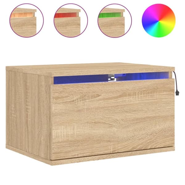 The Living Store Väggmonterat sängbord med LED-lampor sonoma-ek -  Nattduksbord
