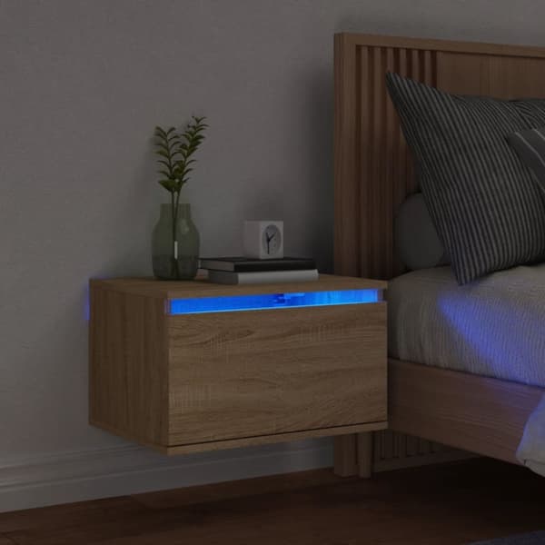 The Living Store Väggmonterat sängbord med LED-lampor sonoma-ek - Nattduksbord