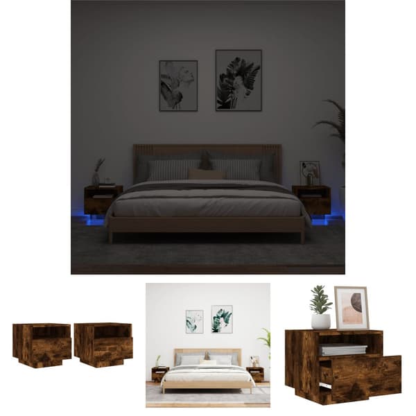 The Living Store Yöpöytä LED-valoilla 2 kpl savutammi 40x39x37 cm -  Yöpöydät