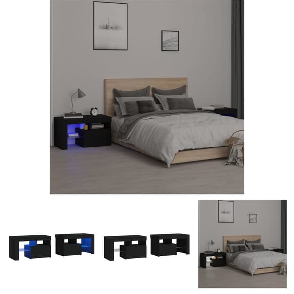 The Living Store Sängbord med LED 2 st svart 70x36,5x40 cm - Nattduksbord