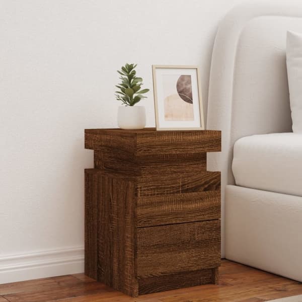 The Living Store Yöpöytä LED-valoilla ruskea tammi 35x39x55 cm -  Yöpöydät