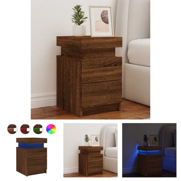The Living Store Yöpöytä LED-valoilla ruskea tammi 35x39x55 cm -  Yöpöydät