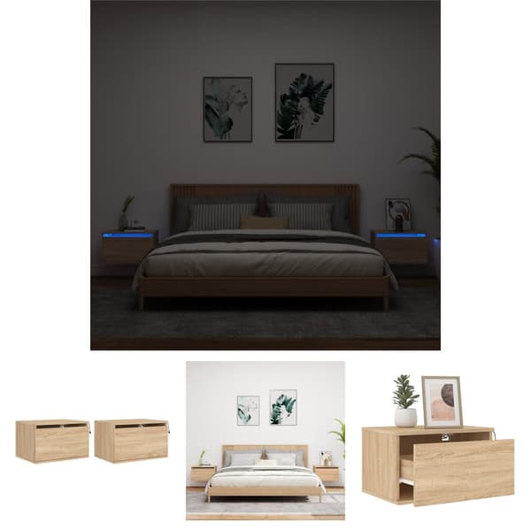 The Living Store Väggmonterade sängbord med LED-lampor 2 st sonoma-ek - Nattduksbord