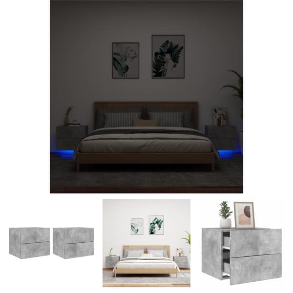 The Living Store Väggmonterade sängbord med LED-lampor 2 st betonggrå -  Nattduksbord