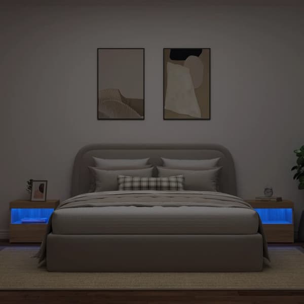 The Living Store sengeborde 2 stk. med LED-lys 50x40x45 cm sonoma-eg - Natborde