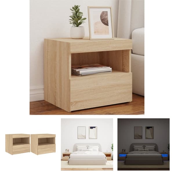The Living Store sengeborde 2 stk. med LED-lys 50x40x45 cm sonoma-eg - Natborde