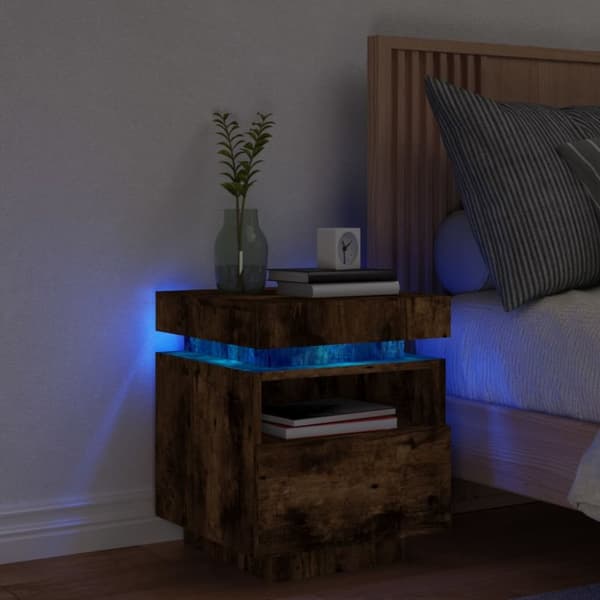 The Living Store sengebord med LED-lys 40x39x48,5 cm røget egetræsfarve - Natborde