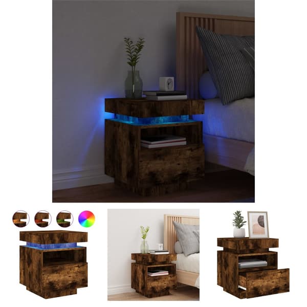 The Living Store sengebord med LED-lys 40x39x48,5 cm røget egetræsfarve - Natborde