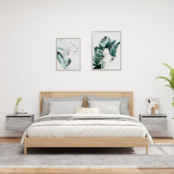 The Living Store Seinäkiinnitettävät yöpöydät LED-valoilla 2 kpl harmaa Sonoma - Yöpöydät