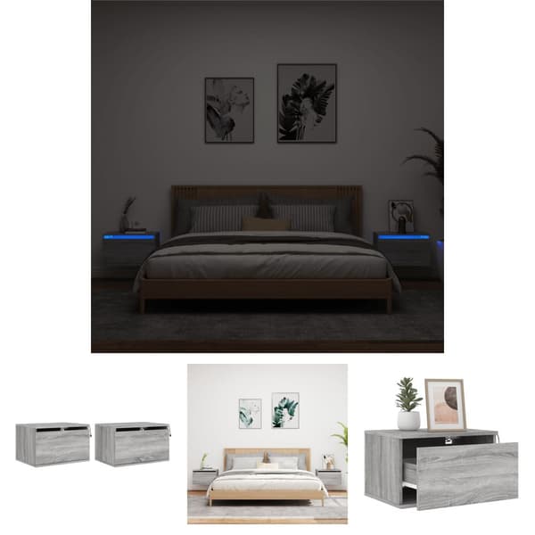 The Living Store Seinäkiinnitettävät yöpöydät LED-valoilla 2 kpl harmaa Sonoma - Yöpöydät
