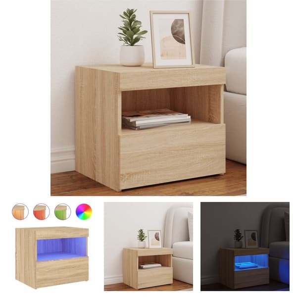 The Living Store Yöpöytä LED-valoilla Sonoma-tammi 50x40x45 cm - Yöpöydät