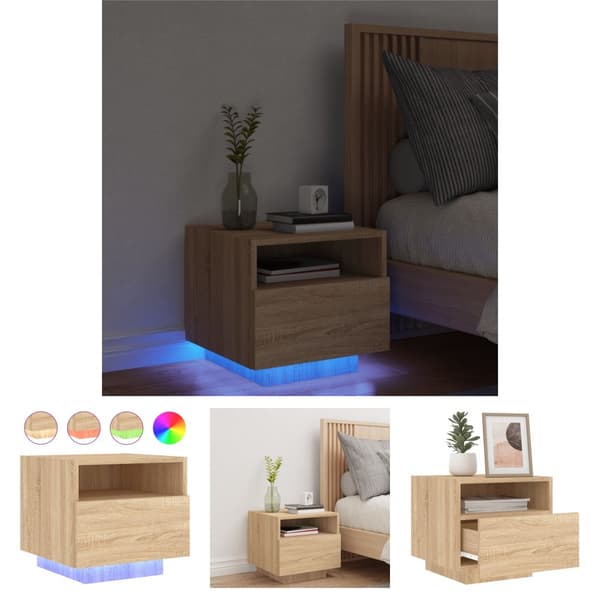 The Living Store sengebord med LED-lys 40x39x37 cm sonoma-eg - Natborde