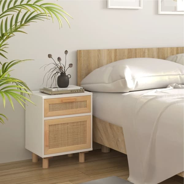 Natborde - Living sengebord massivt fyrretræ og naturlig rattan hvid