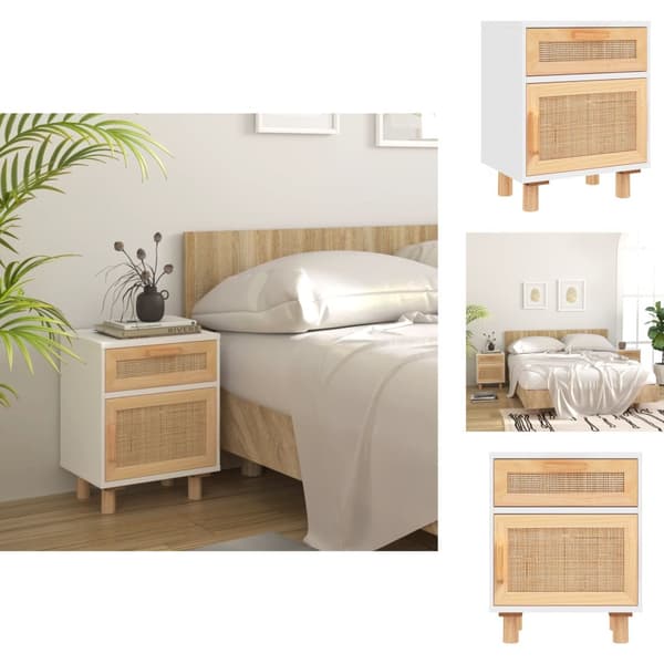 Natborde - Living sengebord massivt fyrretræ og naturlig rattan hvid