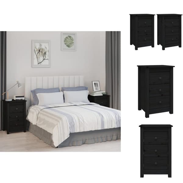 Natborde - Living sengeborde 2 stk. 40x35x61,5 cm massivt fyrretræ sort