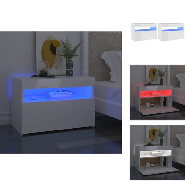 Natborde - Living sengebord med LED-lys 2 stk. 60x35x40 cm hvid højglans