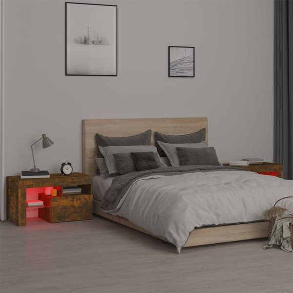 Natborde - Living sengeborde 2 stk. med LED-lys 70x36,5x40 cm røget egetræsfarve