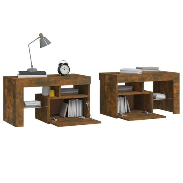 Natborde - Living sengeborde 2 stk. med LED-lys 70x36,5x40 cm røget egetræsfarve