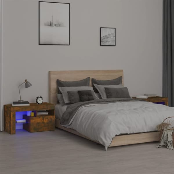 Natborde - Living sengeborde 2 stk. med LED-lys 70x36,5x40 cm røget egetræsfarve