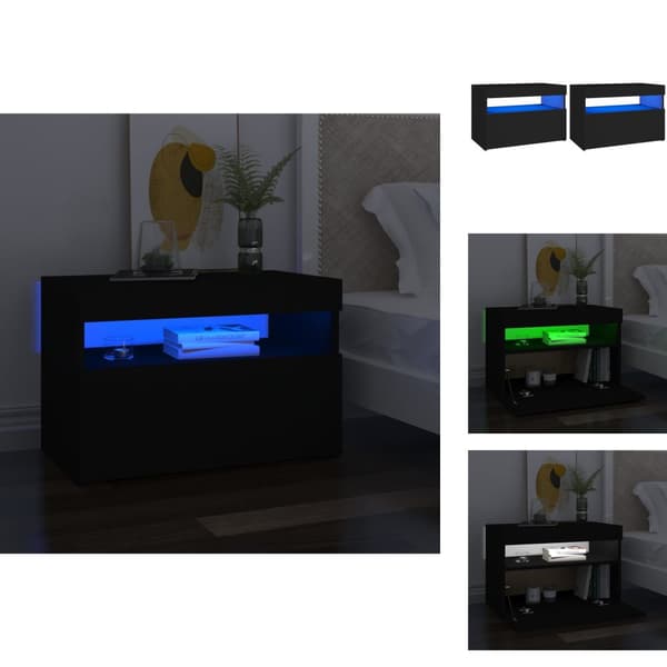 Natborde - Living sengebord med LED-lys 2 stk. 60x35x40 cm konstrueret træ sort