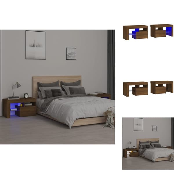 Natborde - Living sengeborde 2 stk. med LED-lys 70x36,5x40 cm brun egetræsfarve