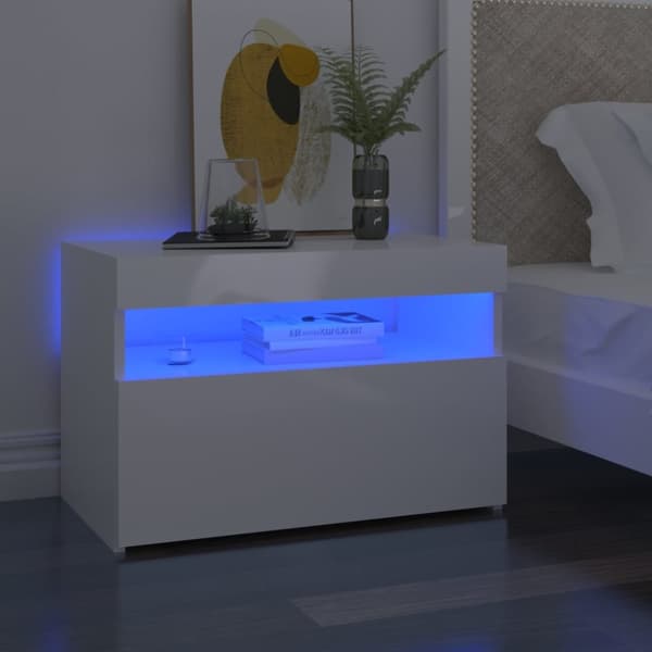 Yöpöytä LED-valoilla korkeakiilto valkoinen 60x35x40 cm - Yöpöytä - Yöpöydät - Home & Living