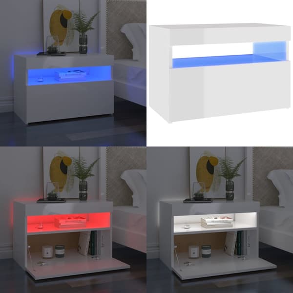 Yöpöytä LED-valoilla korkeakiilto valkoinen 60x35x40 cm - Yöpöytä - Yöpöydät - Home & Living