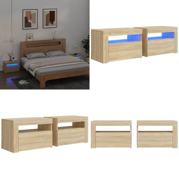 Sengeborde med LED-lys 2 stk. 60x35x40 cm sonoma-eg - Sengebord - Sengeborde - Home & Living