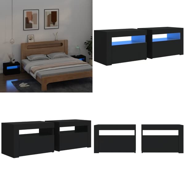 Sengeborde med LED-lys 2 stk. 60x35x40 cm sort - Sengebord - Sengeborde - Home & Living