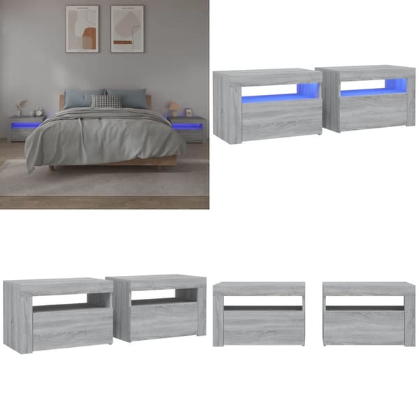 Sengeborde med LED-lys 2 stk. 60x35x40 cm grå sonoma-eg - Sengebord - Sengeborde - Home & Living
