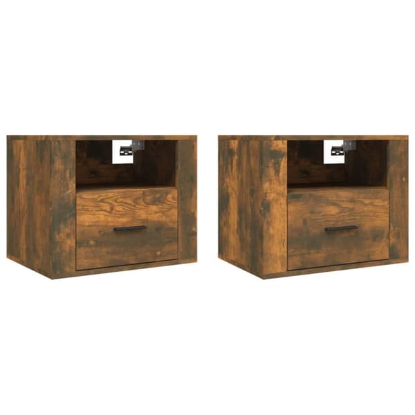 Seinäkiinnitettävät yöpöydät 2 kpl savutammi 50x36x40 cm - Seinäkiinnitettävä Yöpöytä - Seinäkiinnitettävät Yöpöydät - Home & Living