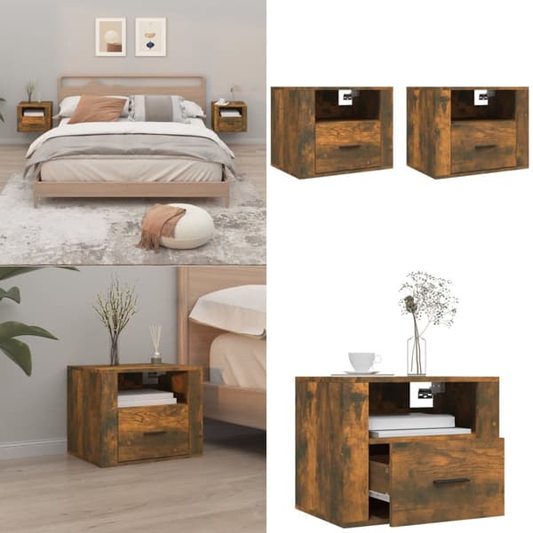 Seinäkiinnitettävät yöpöydät 2 kpl savutammi 50x36x40 cm - Seinäkiinnitettävä Yöpöytä - Seinäkiinnitettävät Yöpöydät - Home & Living