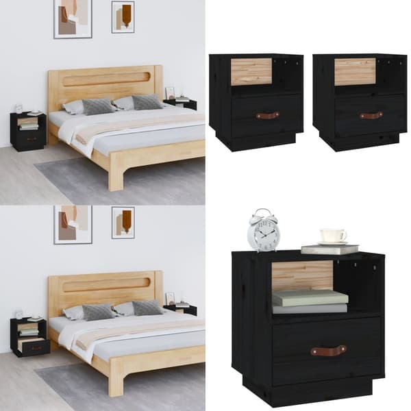 Sängbord 2 st svart 40x34x45 cm massivt furuträ - Sängbord - Nattduksbord - Home & Living