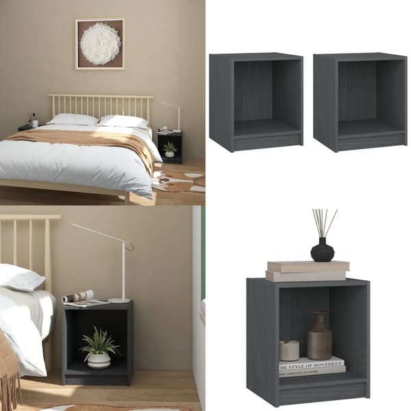 Yöpöydät 2 kpl harmaa 35,5x33,5x41,5 cm täysi mänty - Yöpöytä - Yöpöydät - Home & Living