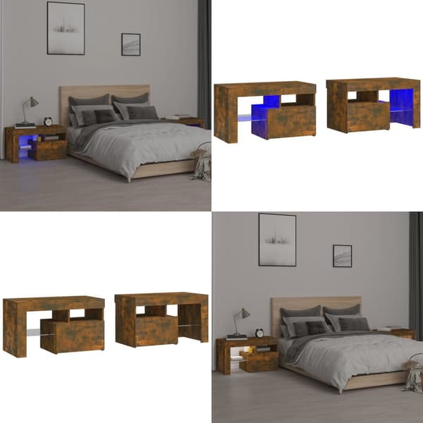Sengeborde 2 stk. Med LED-lys 70x36,5x40 cm røget egetræsfarve - Sengebord - Sengeborde - Home & Living