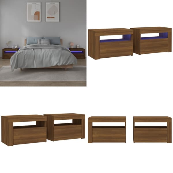 Sängbord 2 st med LED-belysning Brun ek 60x35x40 cm - Sängbord - Nattduksbord - Home & Living