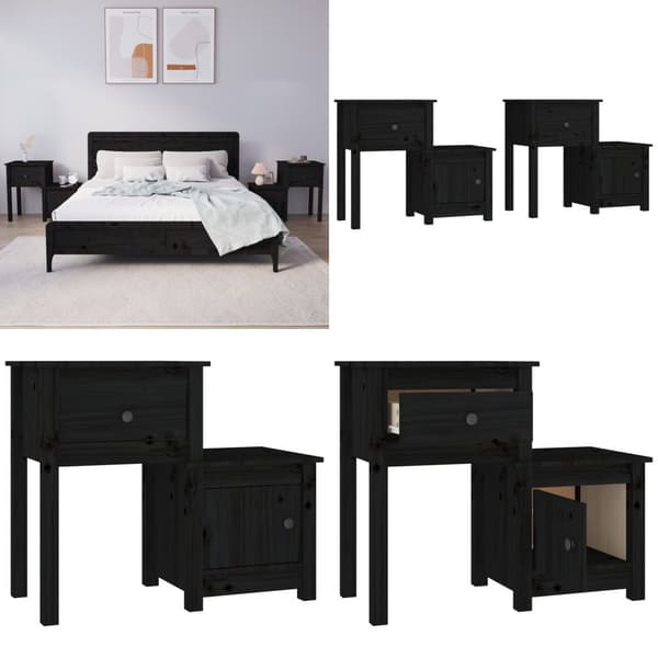Sengeborde 2 stk. 79,5x38x65,5 cm massivt fyrretræ sort - Sengebord - Sengeborde - Home & Living