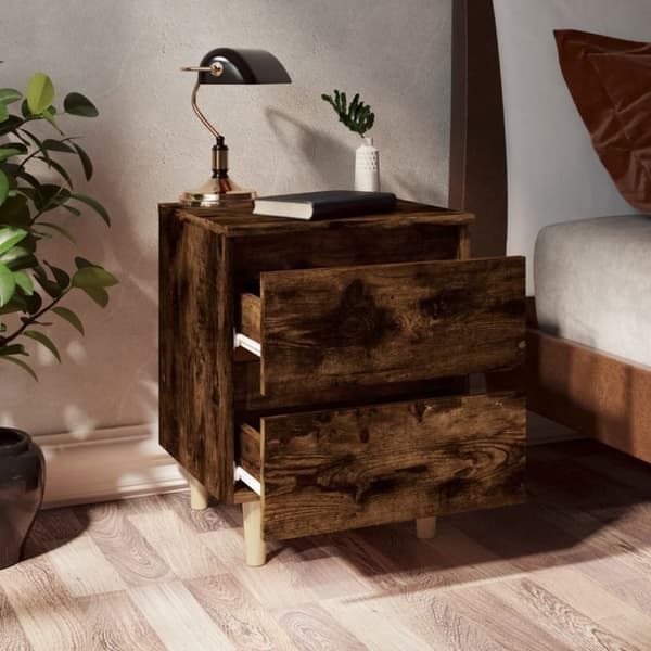 Sengebord med massive træben 40x35x50 cm røget egetræsfarve - Sengebord - Sengeborde - Home & Living