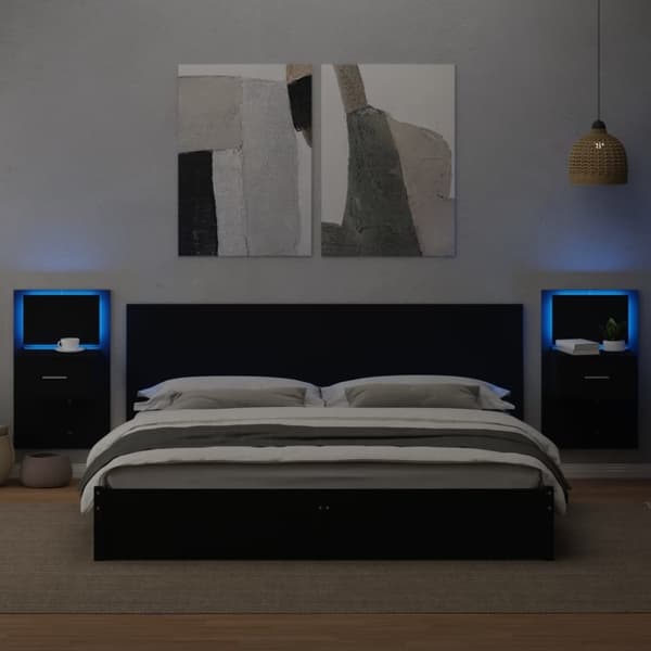 vidaXL Väggmonterade sängbord med LED-lampor 2 st svart