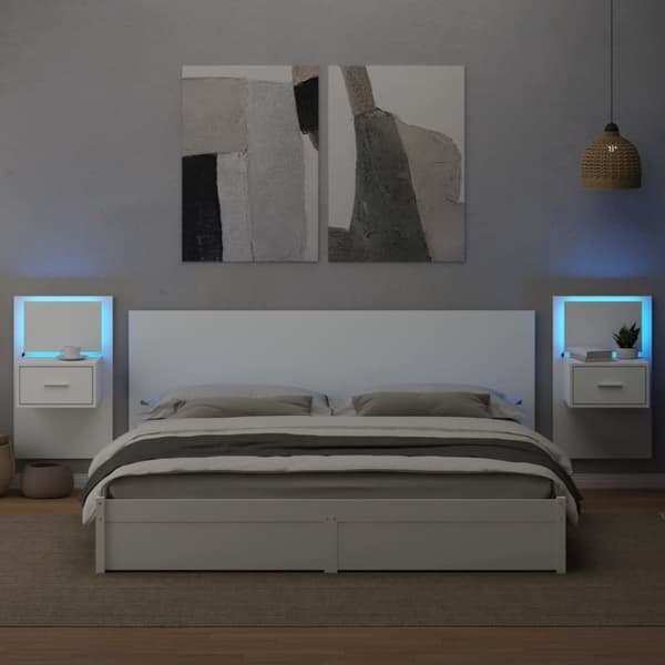 vidaXL Väggmonterade sängbord med LED-lampor 2 st vit